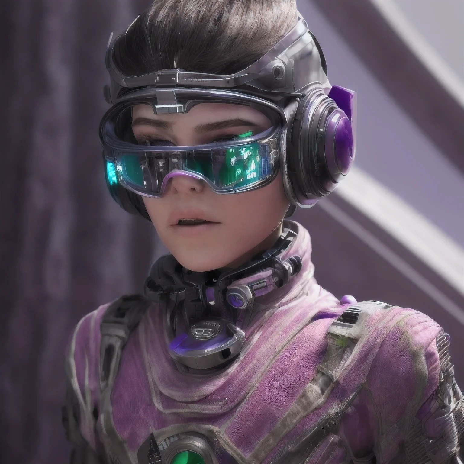 Photo of a college student, Purple Pink, Futuristic space suit, (freckle:0.8) Cute face, Science Fiction, Dystopia, Delicate eyes, Green pupils((side view))