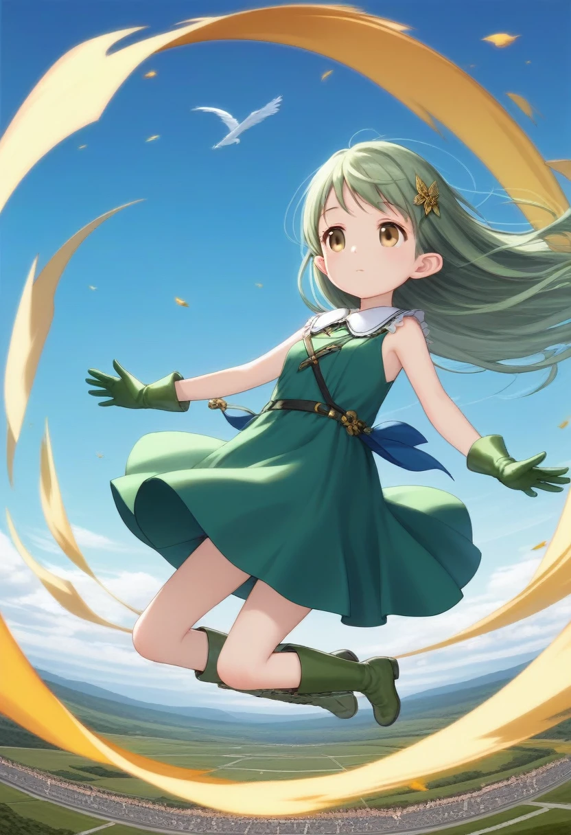score_9, source_anime, anime_coloring, anime_screencap, the artist creates a wind spirit enveloped in storm, (Sylph, sylphid), tareme,1girl, (wind:1.3), long hair, green hair, golden eyes, pointy ears, (hair ornaments:1.2), green gloves, green long boots, green dress made of wind, High neck dress, :d, blush, small breasts, five fingers, nice hands, perfect hands, perfect anatomy, masterpiece, amazing quality, best quality, detailed, (very young child:1.3), (tiny, petite:1.3), (floating, flying:1.3), (wind wing:1.2), High altitude, blue sky
