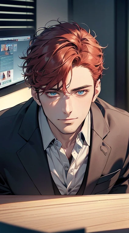 (best quality,4k,8k,highres,masterpiece:1.2),ultra-detailed,(realistic,photorealistic,photo-realistic:1.37),1 man,31 years old,mature man,very handsome,without expression,smile,short red hair,blue eyes,penetrating gaze,perfect face without errors,imposing posture,businessman,office background,cinematic lighting,hdr image
