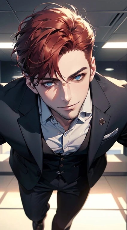 (best quality,4k,8k,highres,masterpiece:1.2),ultra-detailed,(realistic,photorealistic,photo-realistic:1.37),1 man,31 years old,mature man,very handsome,without expression,smile,short grey red hair,blue eyes,penetrating gaze,perfect face without errors,imposing posture,businessman,office background,cinematic lighting,hdr image