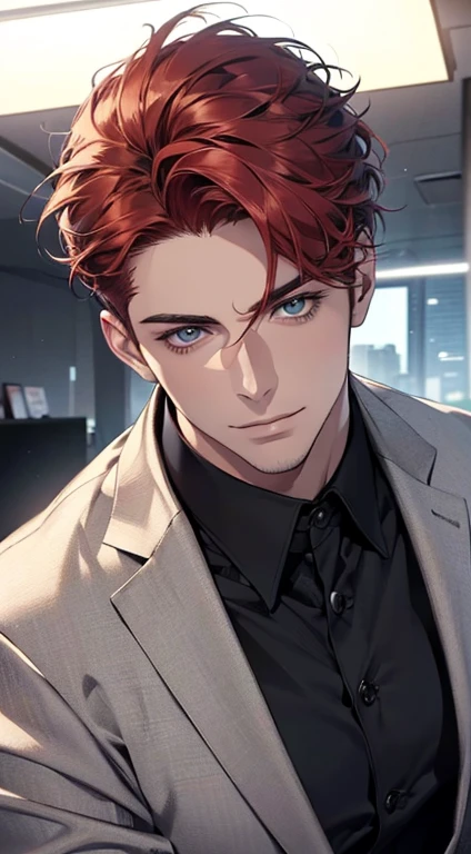 (best quality,4k,8k,highres,masterpiece:1.2),ultra-detailed,(realistic,photorealistic,photo-realistic:1.37),1 man,31 years old,mature man,very handsome,without expression,smile,short red hair,blue eyes,penetrating gaze,perfect face without errors,imposing posture,businessman,office background,cinematic lighting,hdr image