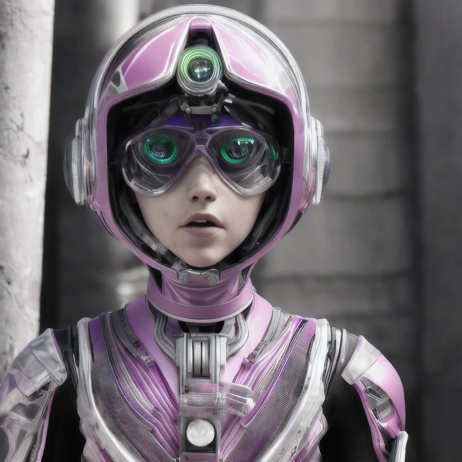 Photo of a college student, Purple Pink, Futuristic space suit, (freckle:0.8) Cute face, Science Fiction, Dystopia, Delicate eyes, Green pupils((side view))