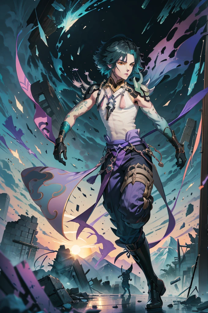 1 adult male solo,xiao \(genshin impact\), 1boy, male focus, short dark teal hair, yellow eyes, white sleeveless shirt, necklace, green tattoo on arm, detached white sleeve, black gloves, wide blue pants, black boots, pink and purple clothes details, black shoulder armor with spikes, ((mountains and ruins))