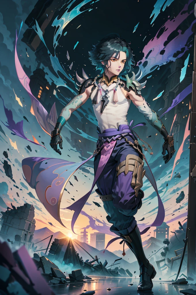 1 adult male solo,xiao \(genshin impact\), 1boy, male focus, short dark teal hair, yellow eyes, white sleeveless shirt, necklace, green tattoo on arm, detached white sleeve, black gloves, wide blue pants, black boots, pink and purple clothes details, black shoulder armor with spikes, ((mountains and ruins))