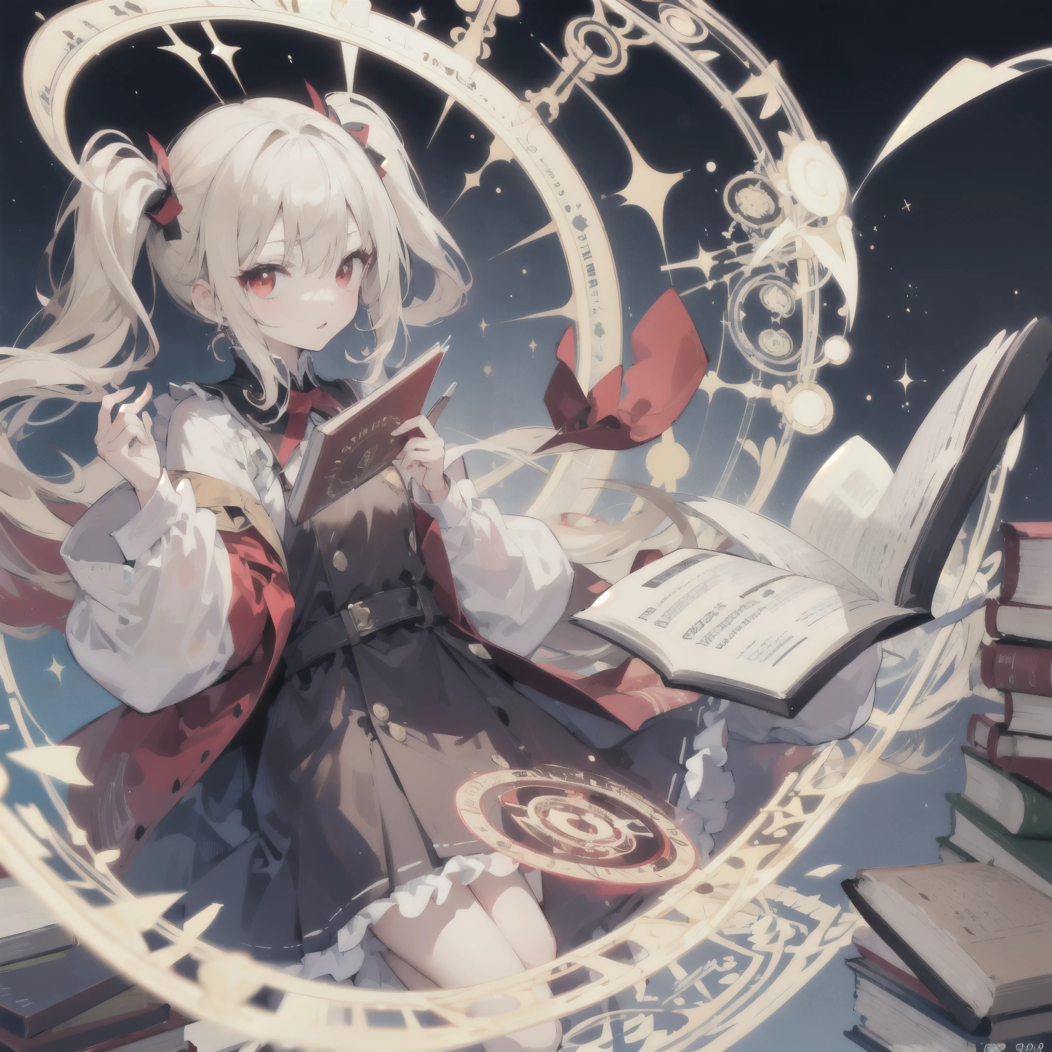 Twin tails,beige hair,Red eyes,Mysterious,Book,magic circle,Simple background