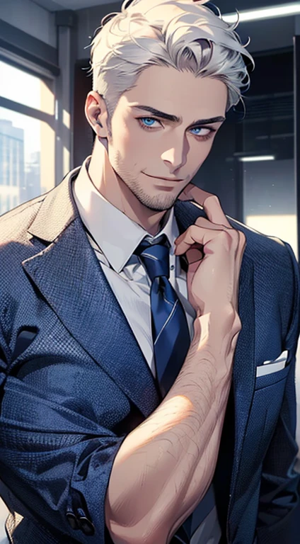(best quality,4k,8k,highres,masterpiece:1.2),ultra-detailed,(realistic,photorealistic,photo-realistic:1.37),1 man,31 years old,mature man,very handsome,without expression,smile,short white hair,blue eyes,penetrating gaze,perfect face without errors,imposing posture,businessman,office background,cinematic lighting,hdr image