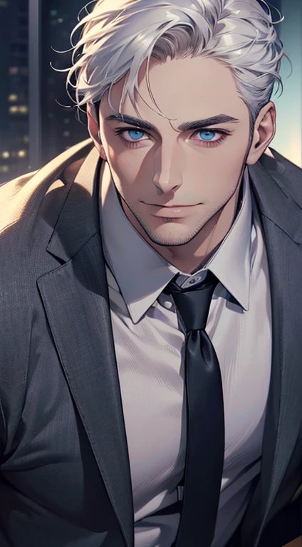 (best quality,4k,8k,highres,masterpiece:1.2),ultra-detailed,(realistic,photorealistic,photo-realistic:1.37),1 man,31 years old,mature man,very handsome,without expression,smile,short white hair,blue eyes,penetrating gaze,perfect face without errors,imposing posture,businessman,office background,cinematic lighting,hdr image