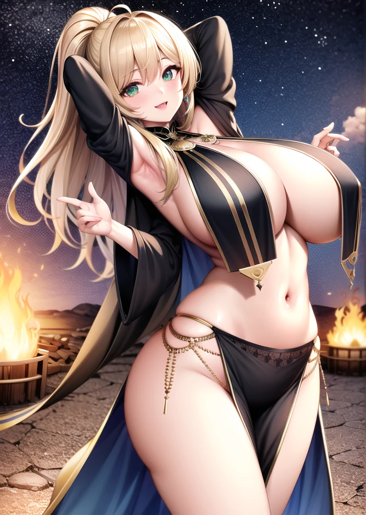 masterpiece, Highest quality, Official Art, Highly detailed CG Unity 8k wallpaper, Detailed Background, (Handcrafted by Guido Daniele),(Finger details) ,Mature Girl 1, (Belly Dancer:1.1), (Curvy), Are standing, (Belly Dance Poses), (Shake your ass), (Put your arms behind your head), (White lace gypsy costume:1.2), (Delicate Jewelry), (Long blonde hair:1.12), (Ahoge:1.13), (High Ponytail:1.11), (Green Eyes:1.13), blush, Captivating smile, Huge breasts, Cleavage, Narrow waist, belly button, Shiny skin, Outdoor,(night),Starry Sky, (Gypsy Tent), (campfire),