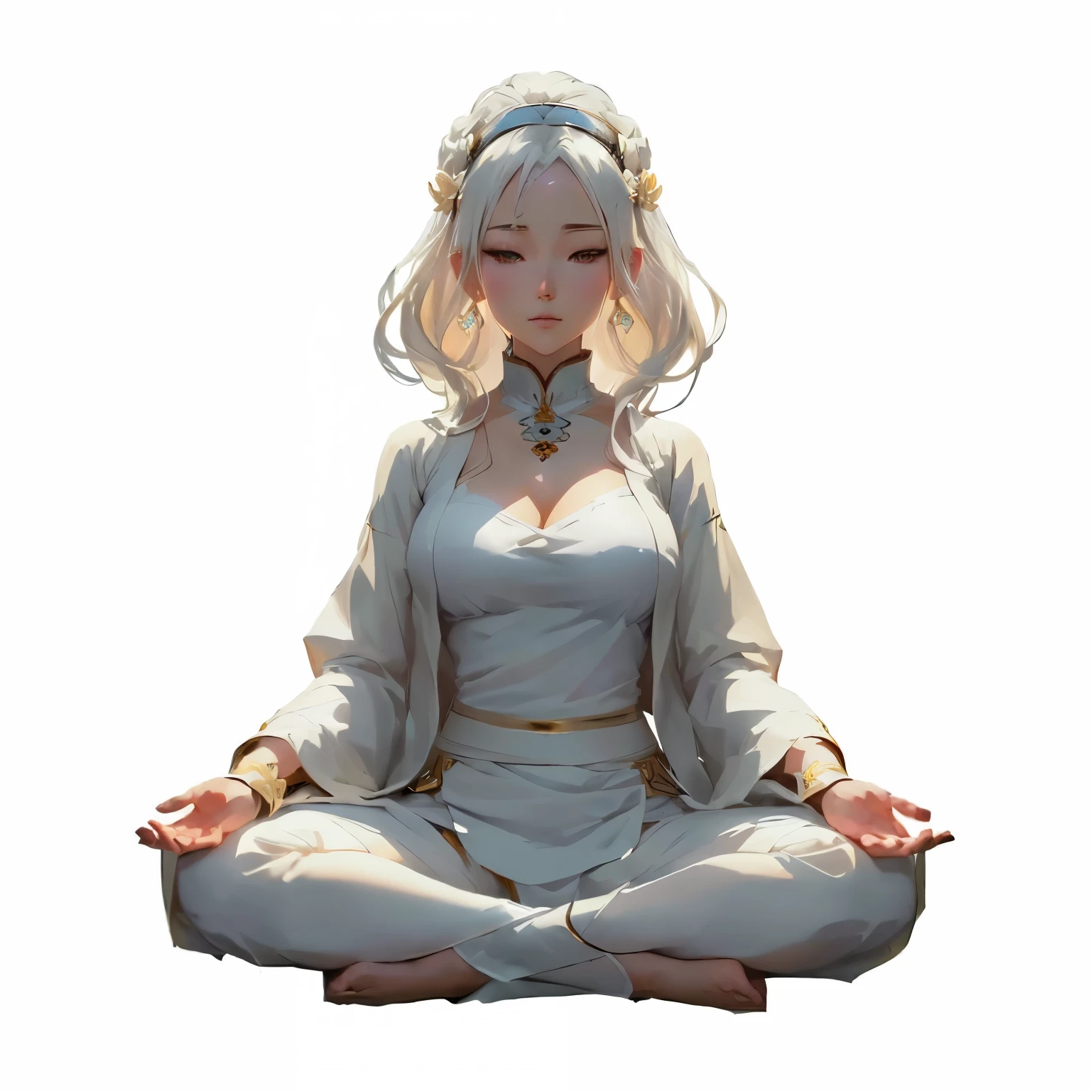 anime - style illustration of a woman sitting in a lotus position, white haired deity, anime style character, meditating pose, meditation pose, digital anime illustration, serene illustration, artwork in the style of guweiz, anime style 4 k, beautiful anime girl squatting, digital anime art, anime style illustration, in the art style of bowater