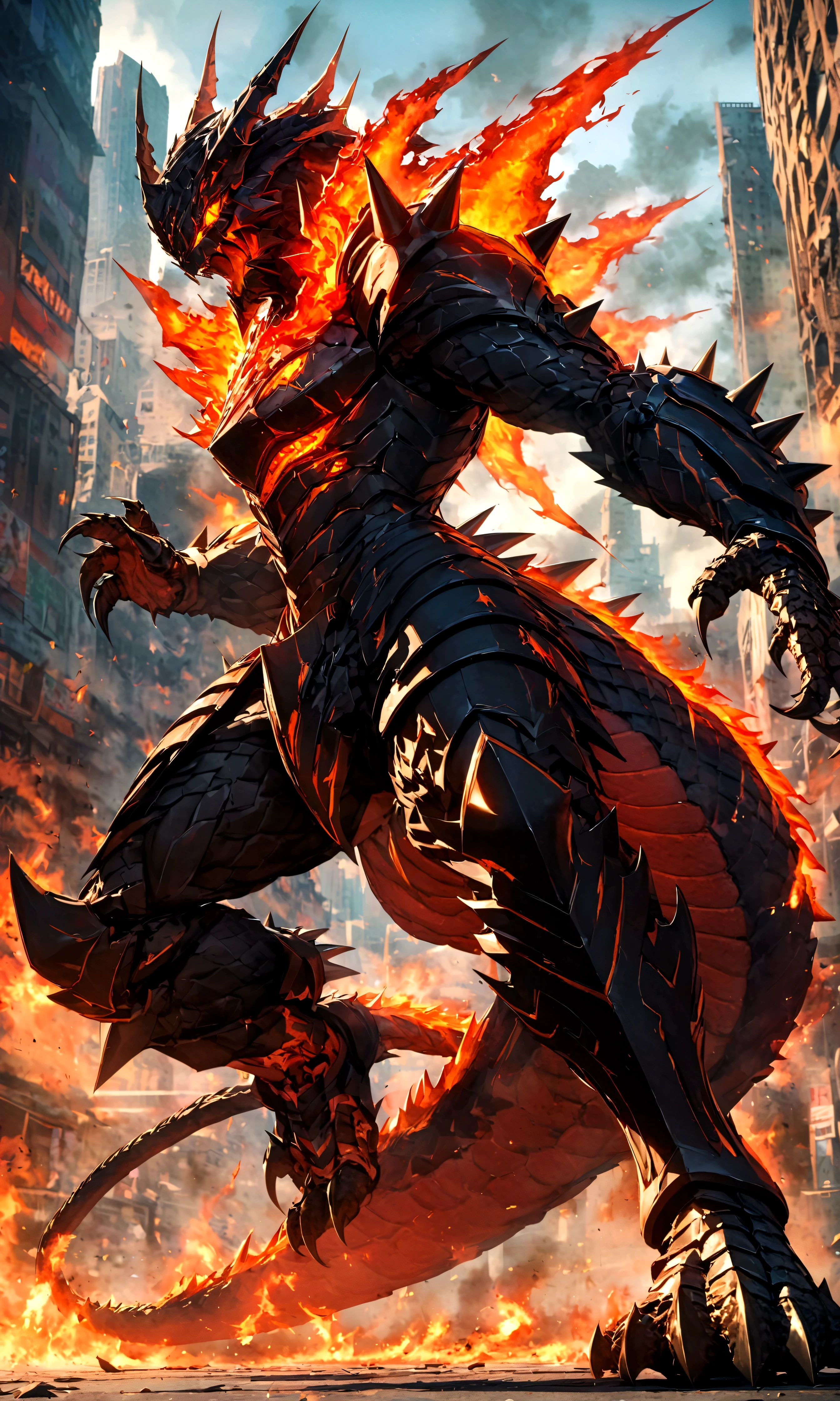 Kaiju form of a human, sharp, obsidian-like plates that overlap like armor reptilian head, obsidian spikes running from the forehead to the back of the neck. Four glowing amber eyes, arms with massive claws and blades, feet have three large, taloned toes, A long, whip-like tail ending in a mace-like cluster of obsidian spike, orange lines and aura in between armor. HD. city background destroyed. ultra HD, masterpiece, 4k, 8k