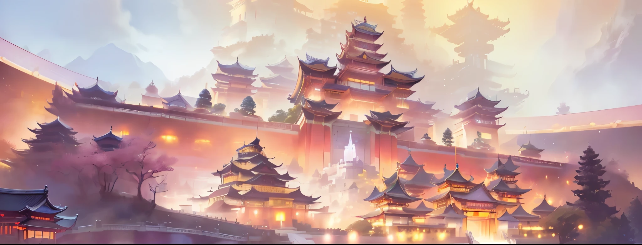 Anime style illustration，Depicts a castle with a fountain and many trees, rossdraws Global Illumination, Dreamy Chinatown, Beautiful rendering of the Tang Dynasty, Cyberpunk Chinese Ancient Castle, background technologywork, Onmyoji detailed art, Ross Chen. Landscape background, Pagoda Figures, g liulian art style, background technology, Temple Background, Japanese cities
