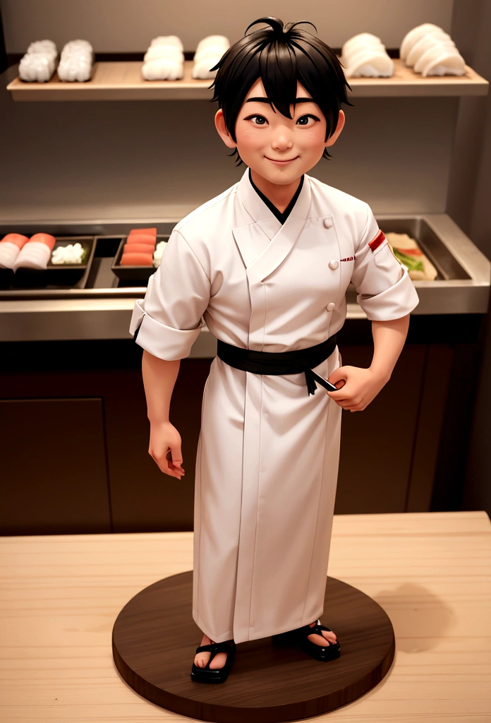 japanese sushi chef, 1 person, chef uniform, standing, very top down view, male chef, miniature chef, small people, cute, professional look, adult, happy face, full body