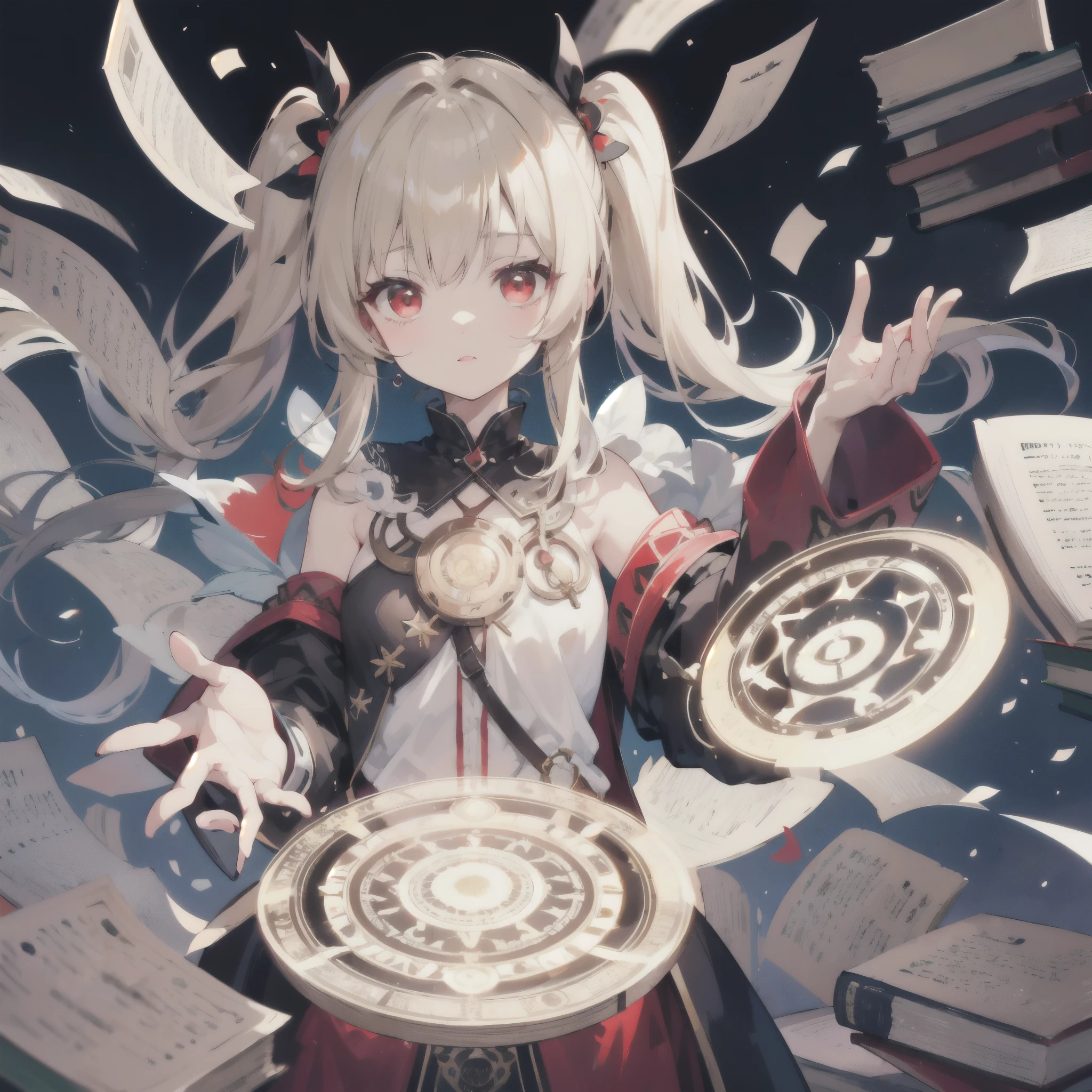 Twin tails,beige hair,Red eyes,Mysterious,Book,magic circle,Simple background,One Woman
