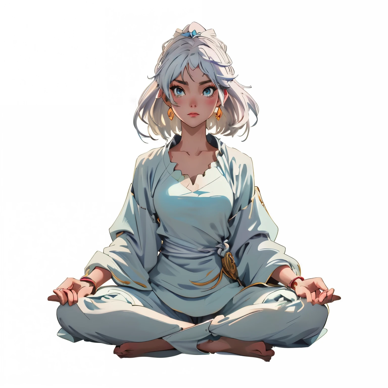 anime - style illustration of a woman sitting in a lotus position, white haired deity, anime style character, meditating pose, meditation pose, digital anime illustration, serene illustration, artwork in the style of guweiz, anime style 4 k, beautiful anime girl squatting, digital anime art, anime style illustration, in the art style of bowater 8k masterpiece, highest of quality. celestial goddess came down to earth in the form of a beautiful female, radiating a godly presence. her pose is sitting in the lotus position facing the camera white hair that defines gravity, her energy makes the hair seems weightless, wearing all white silk fabric with golden designs that partly covers her body still showing a lot of her silken smooth skin. baggy yoga pants and bare foot. she is here to teach man how to raise their vibration. . background is all black with swirls of cosmic energy that is radiating from her.