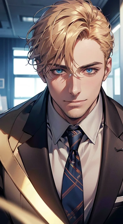 (best quality,4k,8k,highres,masterpiece:1.2),ultra-detailed,(realistic,photorealistic,photo-realistic:1.37),1 man,31 years old,mature man,very handsome,without expression,smile,short golden hair,blue eyes,penetrating gaze,perfect face without errors,imposing posture,businessman,office background,cinematic lighting,hdr image