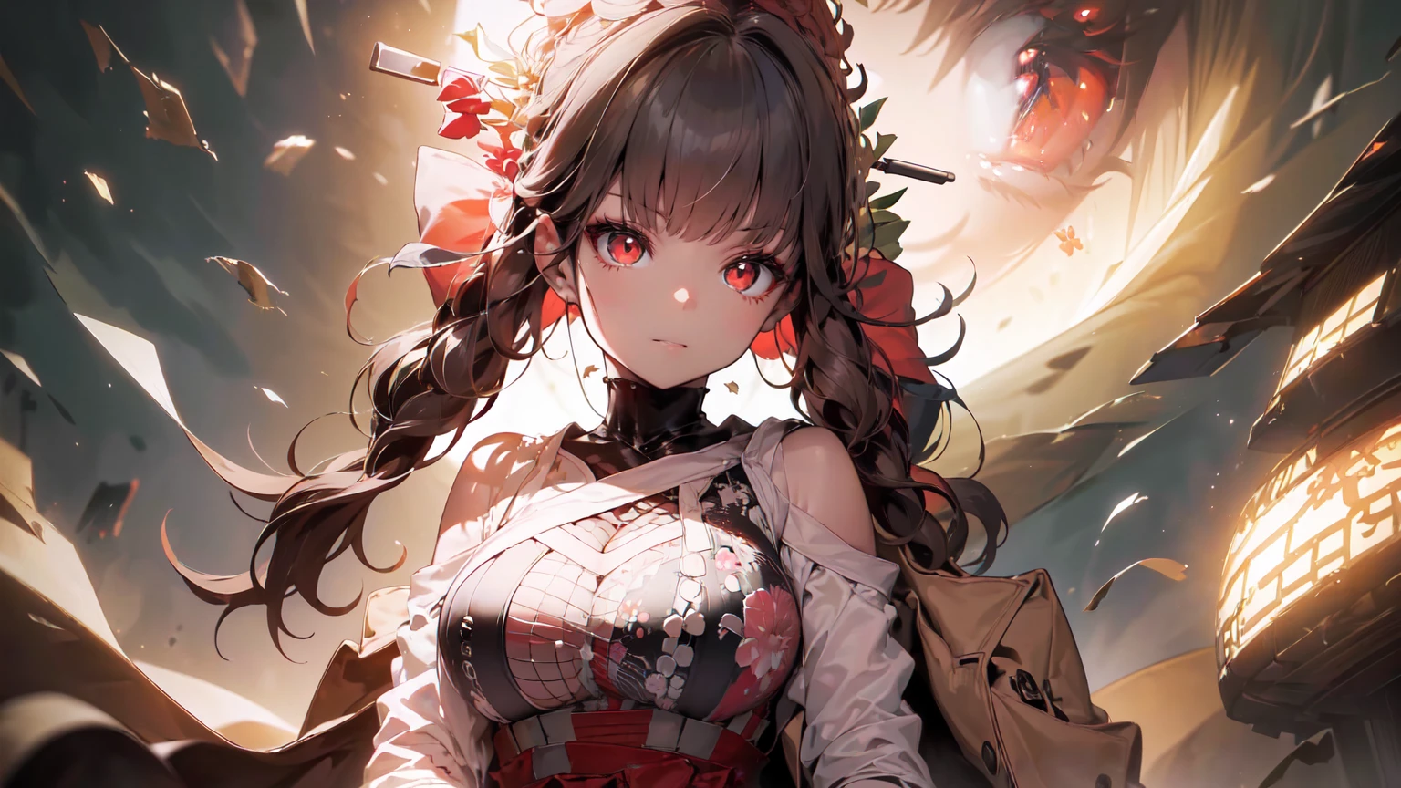 ((((Obra maestra, La mejor calidad, ultrahigh resolution)))), 1girl, standing,), ((long pure brown hair, hair over eye)), long hair cut, shiny skin, ((red eyes)), glowing_eyes, neon eyes, (ultra detailed eyes:0.7, beautiful and detailed face, detailed eyes:0.9), ((centered)), smirk, facing viewer, ((vibrant background, dark lighting, summer, sunlight)), large chested, looking at viewer, ((half closed eyes)), ((perfect hands)), (((head:1, arms, hips in view, elbows, in view))), ((hands behind back)), empty eyes, beautiful lighting, ((outside, outdoors)), defined subject, head tilt, (((gritty)), ((creepy)), ((cool)), ((beautiful)), (((SFW))), hair ornament, petals in the air, moon in the sky, city, mature woman, adult woman, sfw, pink and white dress, night dress, she is a princess, china dress