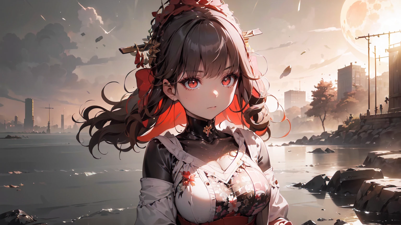 ((((Obra maestra, La mejor calidad, ultrahigh resolution)))), 1girl, standing,), ((long pure brown hair, hair over eye)), long hair cut, shiny skin, ((red eyes)), glowing_eyes, neon eyes, (ultra detailed eyes:0.7, beautiful and detailed face, detailed eyes:0.9), ((centered)), smirk, facing viewer, ((vibrant background, dark lighting, summer, sunlight)), large chested, looking at viewer, ((half closed eyes)), ((perfect hands)), (((head:1, arms, hips in view, elbows, in view))), ((hands behind back)), empty eyes, beautiful lighting, ((outside, outdoors)), defined subject, head tilt, (((gritty)), ((creepy)), ((cool)), ((beautiful)), (((SFW))), hair ornament, petals in the air, moon in the sky, city, mature woman, adult woman, sfw, pink and white dress, night dress, she is a princess, china dress