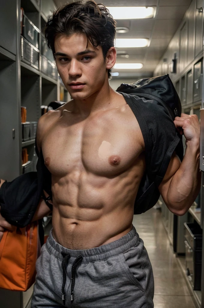 ((Best Quality)), ((Masterpiece)), (detailed), 1 chico, muscular shirtless, with a black backpack, gray sweatpants standing in front of the orange lockers at his school, His face is realistic, similar to Grayson Dolan., with her dark hair, and his perfect jaw, realistic photo, HD, 4k, realistic eyes