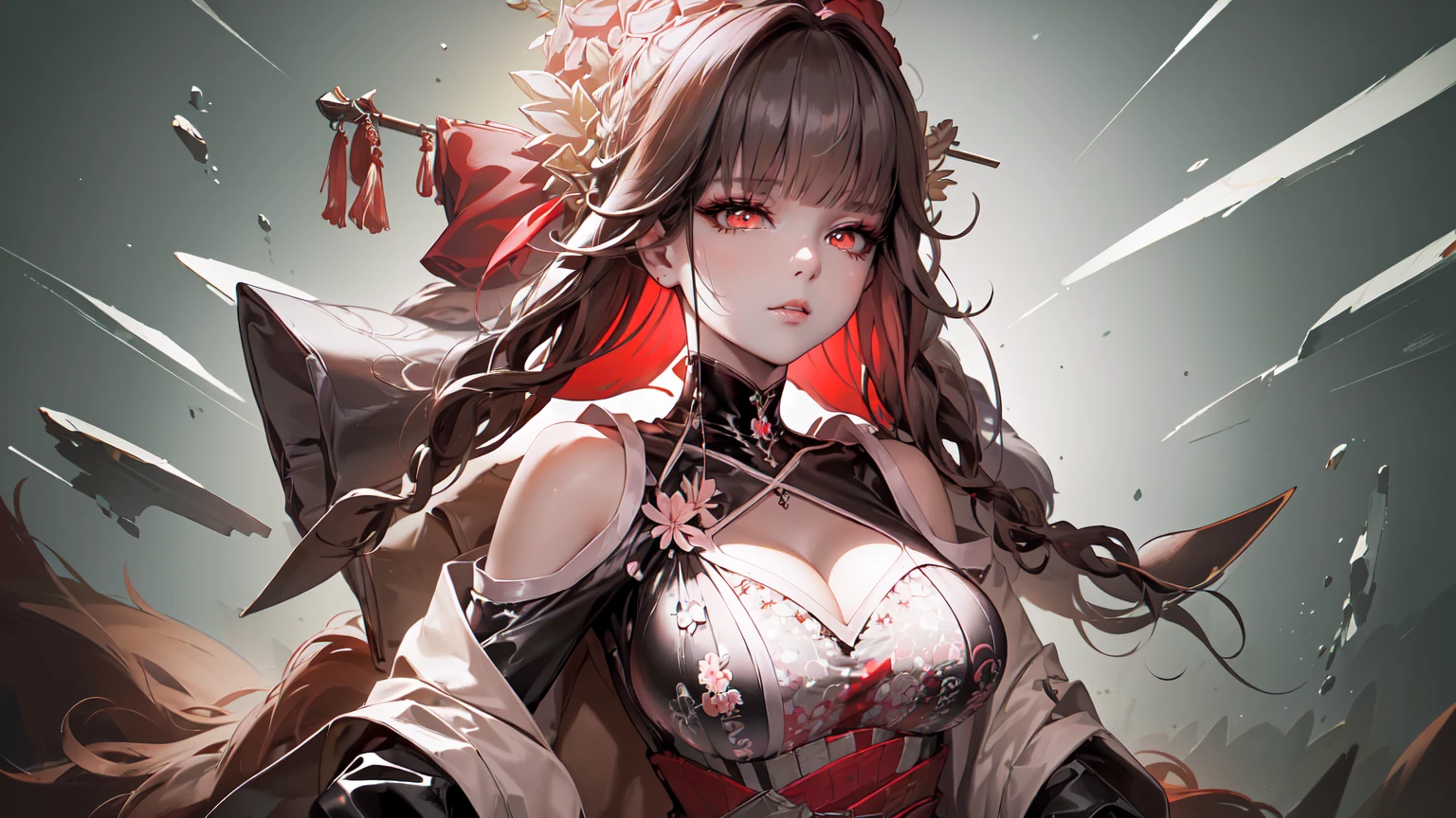 ((((Obra maestra, La mejor calidad, ultrahigh resolution)))), 1girl, standing,), ((long pure brown hair, hair over eye)), long hair cut, shiny skin, ((red eyes)), glowing_eyes, neon eyes, (ultra detailed eyes:0.7, beautiful and detailed face, detailed eyes:0.9), ((centered)), smirk, facing viewer, ((vibrant background, dark lighting, summer, sunlight)), large chested, looking at viewer, ((half closed eyes)), ((perfect hands)), (((head:1, arms, hips in view, elbows, in view))), ((hands behind back)), empty eyes, beautiful lighting, ((outside, outdoors)), defined subject, head tilt, (((gritty)), ((creepy)), ((cool)), ((beautiful)), (((SFW))), hair ornament, petals in the air, moon in the sky, city, woman, adult woman, sfw, pink and white dress, night dress, she is a princess, china dress