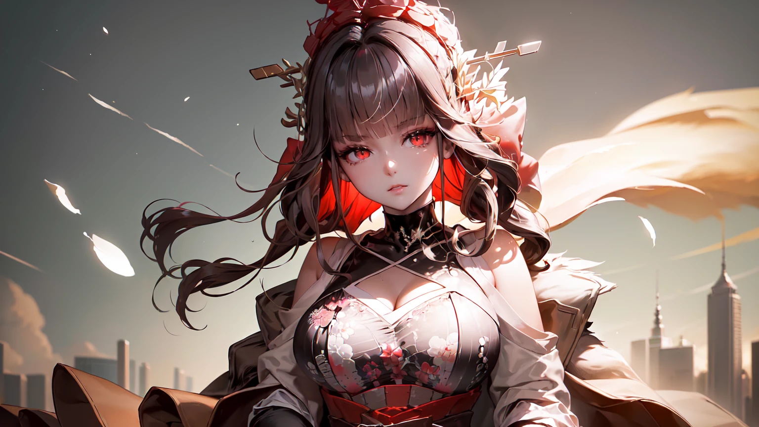 ((((Obra maestra, La mejor calidad, ultrahigh resolution)))), 1girl, standing,), ((long pure brown hair, hair over eye)), long hair cut, shiny skin, ((red eyes)), glowing_eyes, neon eyes, (ultra detailed eyes:0.7, beautiful and detailed face, detailed eyes:0.9), ((centered)), smirk, facing viewer, ((vibrant background, dark lighting, summer, sunlight)), large chested, looking at viewer, ((half closed eyes)), ((perfect hands)), (((head:1, arms, hips in view, elbows, in view))), ((hands behind back)), empty eyes, beautiful lighting, ((outside, outdoors)), defined subject, head tilt, (((gritty)), ((creepy)), ((cool)), ((beautiful)), (((SFW))), hair ornament, petals in the air, moon in the sky, city, mature woman, adult woman, sfw, pink and white dress, night dress, she is a princess, china dress