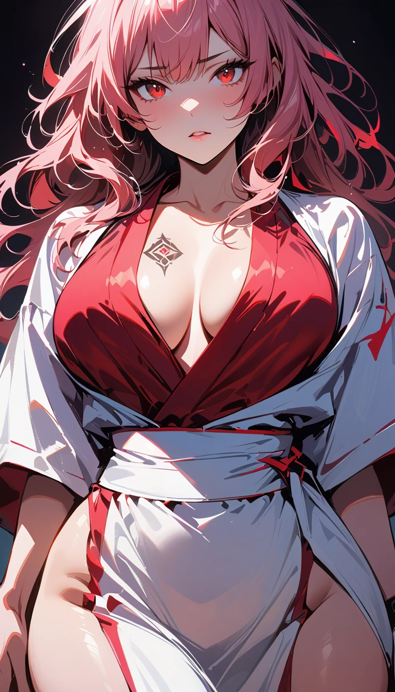 (high quality, 8k, 4K, high contrast, artwork:1.2, high quality, best aesthetics), (dynamic angle), ((1 woman)), erotic, sensual, mature body, super detailed, beautiful face detailed, beautiful eyes detailed, detailed beautiful mouth, sexy body, perfect breats, perfect wide thighs, (long messy pink hair), (red eyes), (Serious facial expression), (tattoos), (women's long white kimono), (standing), (centered), (looking at viewer)