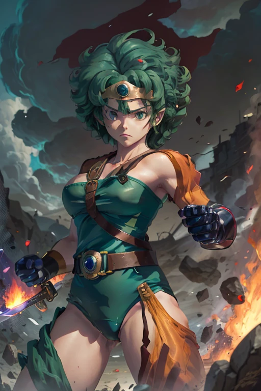 Anime Artwork Anime Artwork Masterpiece,most、high quality, Unreal Engine, Ultra-high resolution, Very detailed丸い胸, 1 person with medium chest,  Waist, thin,(Muscular:0.9)
 heroine, 
Circlet, Curly Hair, Green Hair, short hair, Asymmetrical clothing, leotard, belt, One-handed gloves, Single Sleeve, Single Thigh High Cave, Holding a sword, . Anime Style, Key Visual, Vibrant, Studio Anime,  Very detailed、be attacked by fire by the enemy.　I'm running out of life. ragged equipment. kneel on one knee. be attacked with a sword