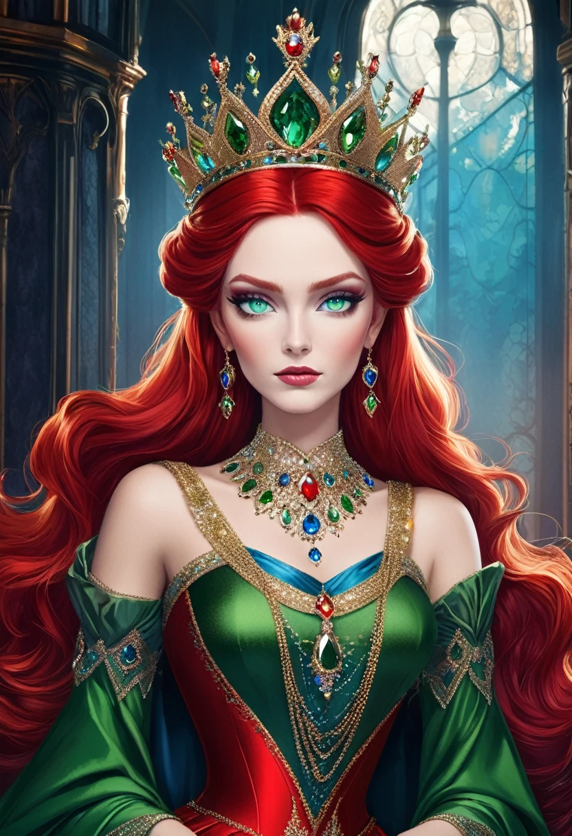 (((Red Queen)))，Red Hair，Green eyes，Blue eye shadow，Gorgeous crown，Gorgeous jewelry，Queen&#39;s throne