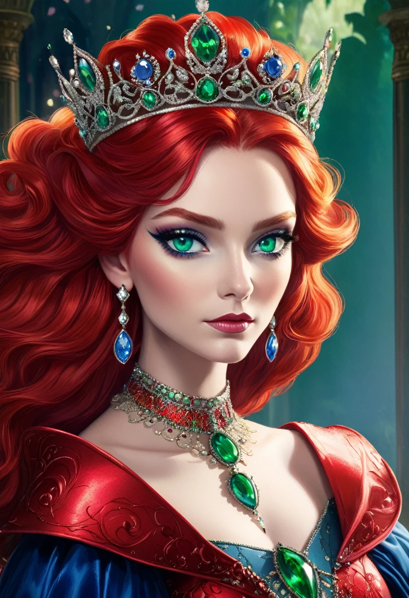 (((Red Queen))),Red Hair,Green eyes,Blue eye shadow,Gorgeous crown,Gorgeous jewelry,Queen's throne