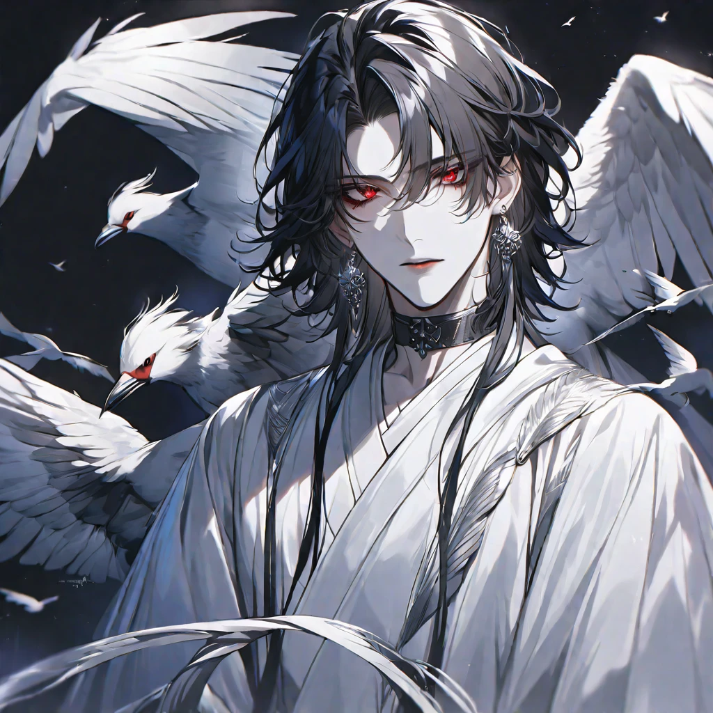 solo, handsome, 
1. male,
hime cut,Straight Hair,Bob Hair, 
black hair, 
Gojo Satoru ,
red Eyes,Soft look,beautiful,beautiful,sexly,Darkness,Lots of silver earrings,choker,devil,
White OVERsize パーカー,
White skin,bird,wing,
black background,