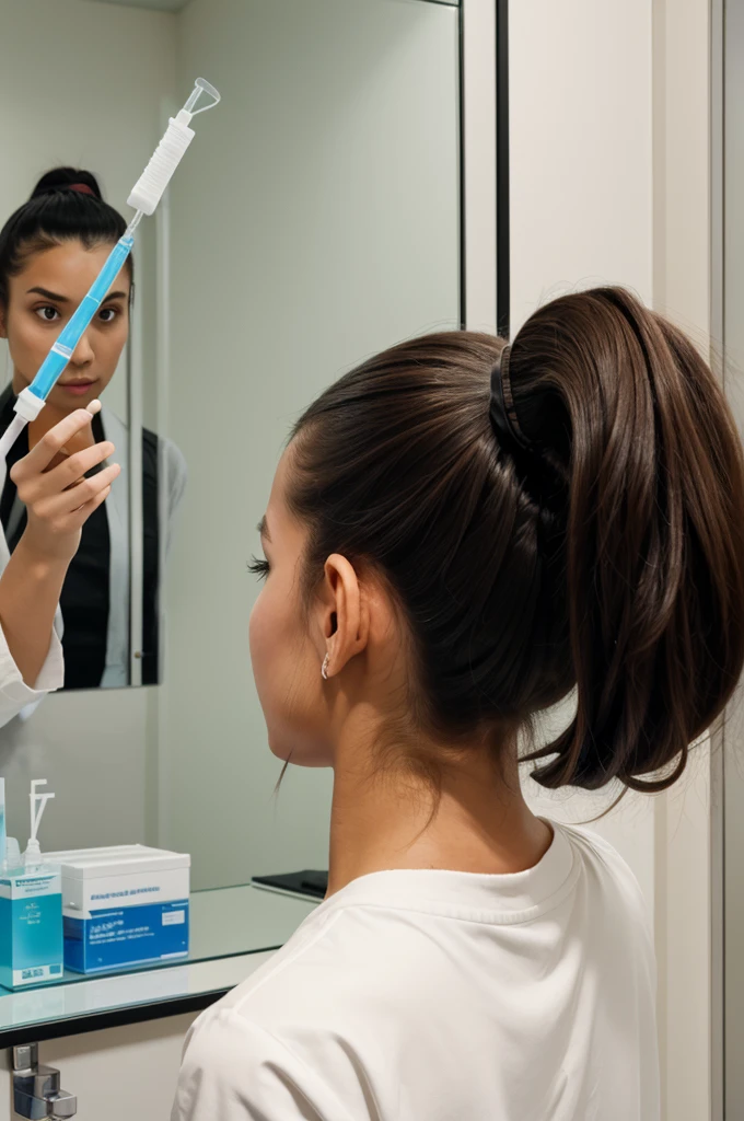 A girl with a ponytail seeing a scientist in the mirror holding micropipettes and testtubes