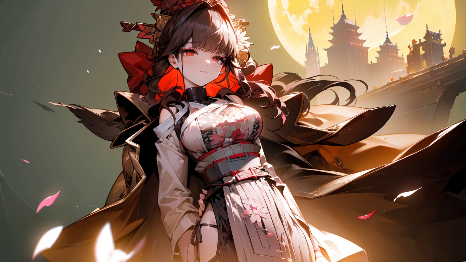 ((((Obra maestra, La mejor calidad, ultrahigh resolution)))), 1girl, standing,), ((long pure brown hair, hair over eye)), long hair cut, shiny skin, ((red eyes)), glowing_eyes, neon eyes, (ultra detailed eyes:0.7, beautiful and detailed face, detailed eyes:0.9), ((centered)), smirk, facing viewer, ((vibrant background, dark lighting, summer, sunlight)), large chested, looking at viewer, ((half closed eyes)), ((perfect hands)), (((head:1, arms, hips in view, elbows, in view))), ((hands behind back)), empty eyes, beautiful lighting, ((outside, outdoors)), defined subject, head tilt, (((gritty)), ((creepy)), ((cool)), ((beautiful)), (((SFW))), hair ornament, petals in the air, moon in the sky, city, mature woman, adult woman, sfw, pink and white dress, night dress, she is a princess, china dress
