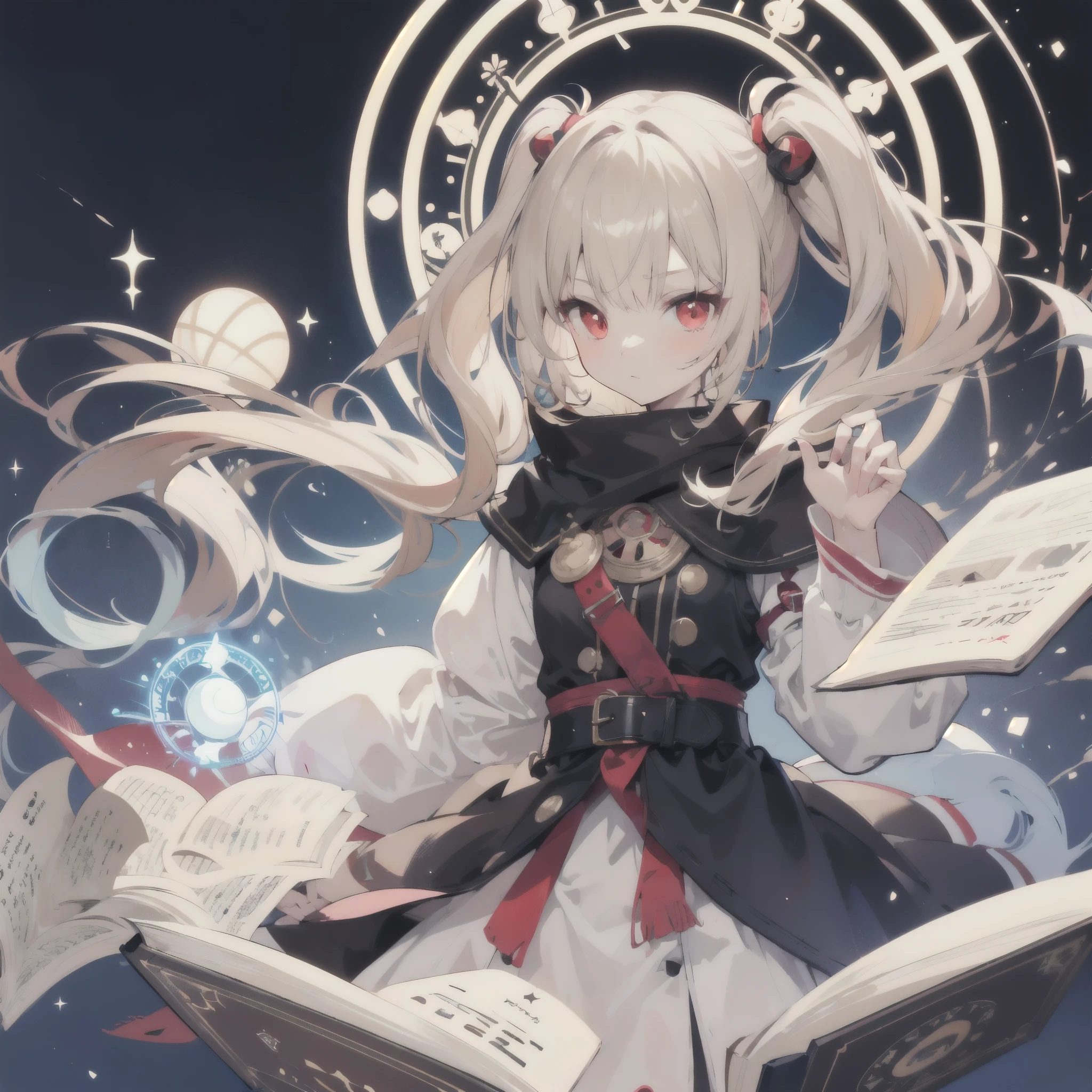 Twin tails,beige hair,Red eyes,Mysterious,Book,magic circle,Simple background,One Woman