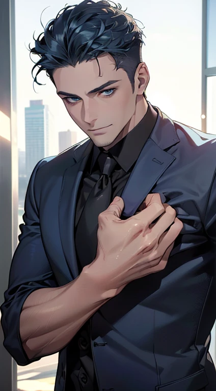 (best quality,4k,8k,highres,masterpiece:1.2),ultra-detailed,(realistic,photorealistic,photo-realistic:1.37),1 man,31 years old,mature man,very handsome,without expression,smile,short blue hair,blue eyes,penetrating gaze,perfect face without errors,imposing posture,businessman,office background,cinematic lighting,hdr image