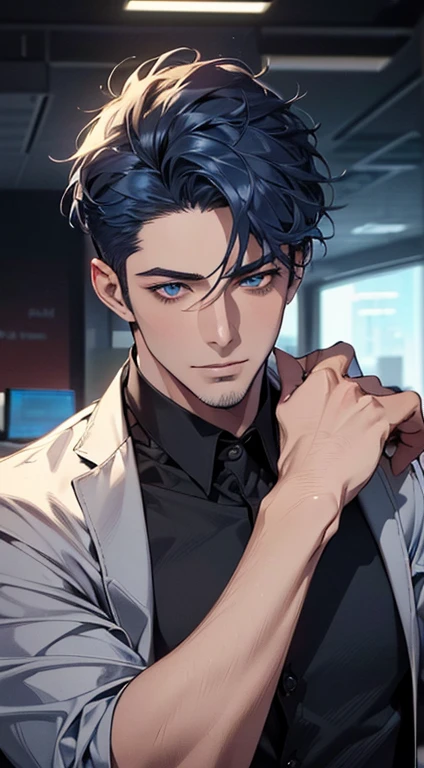 (best quality,4k,8k,highres,masterpiece:1.2),ultra-detailed,(realistic,photorealistic,photo-realistic:1.37),1 man,31 years old,mature man,very handsome,without expression,smile,short grey black hair,blue eyes,penetrating gaze,perfect face without errors,imposing posture,businessman,office background,cinematic lighting,hdr image
