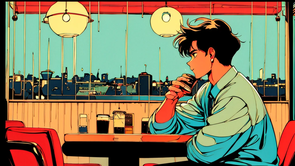 ４ｋ、jazz、９０ｓ、Vintage、Tobacco、speaker、Saxophone、rain、Cool guy、night、City Boy、retro、one person　coffee　Drinking coffee alone at a cafe