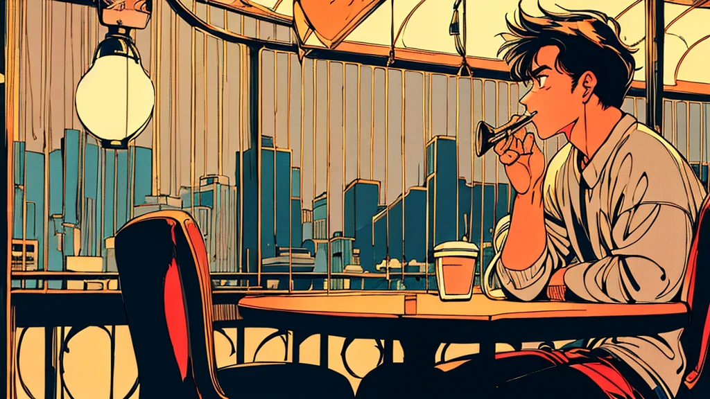 4k、jazz、90s、Vintage、Tobacco、speaker、Saxophone、rain、Cool guy、night、City Boy、retro、one person coffee Drinking coffee alone at a cafe