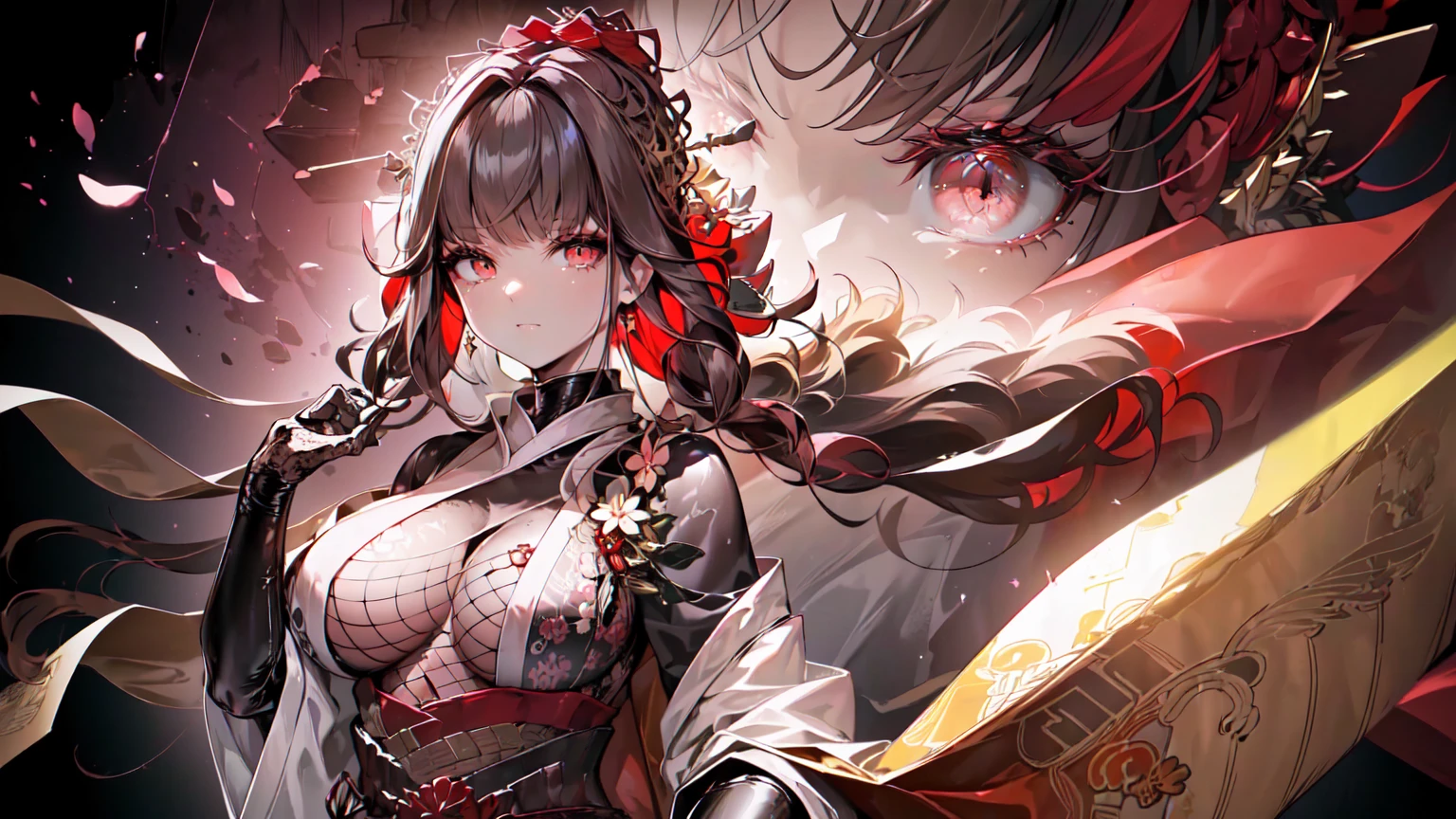 ((((Obra maestra, La mejor calidad, ultrahigh resolution)))), 1girl, standing,), ((long pure brown hair, hair over eye)), long hair cut, shiny skin, ((red eyes)), glowing_eyes, neon eyes, (ultra detailed eyes:0.7, beautiful and detailed face, detailed eyes:0.9), ((centered)), smirk, facing viewer, ((vibrant background, dark lighting, summer, sunlight)), large chested, looking at viewer, ((half closed eyes)), ((perfect hands)), (((head:1, arms, hips in view, elbows, in view))), ((hands behind back)), empty eyes, beautiful lighting, ((outside, outdoors)), defined subject, head tilt, (((gritty)), ((creepy)), ((cool)), ((beautiful)), (((SFW))), hair ornament, petals in the air, moon in the sky, city, mature woman, adult woman, sfw, pink and white dress, night dress, she is a princess, china dress
