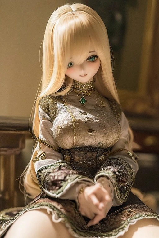 ((highest quality)), ((masterpiece)), (extremely detailed), kukolnydom, doll, (mature woman:1.8), solo, ((eye level shot)), sitting on sofa, green eyes, (looking down, blank eyes:1.3), light smile, dress, castle, 8k