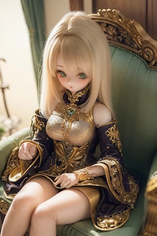 photorealistic, realistic photo, ((highest quality)), ((masterpiece)), (extremely detailed), kukolnydom, doll, (mature woman:1.7), solo, sitting on sofa, green eyes, (looking down, blank eyes, empty eyes, detailed eyes:1.3), light smile, dress, museum, 8k