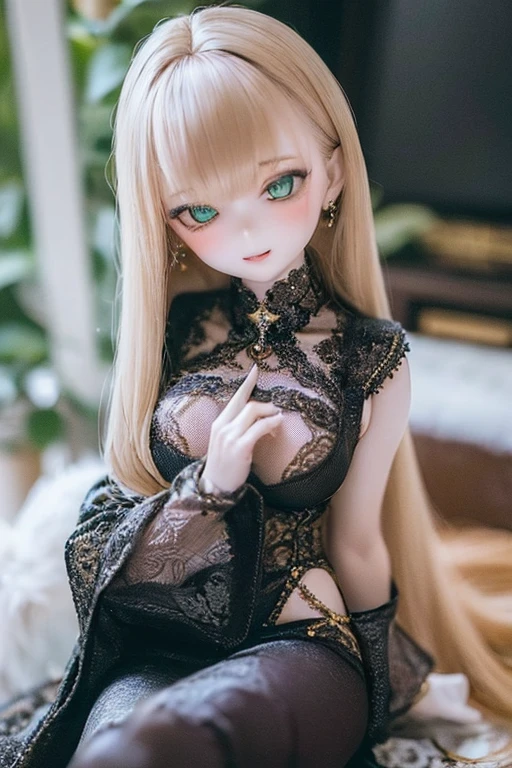 ((highest quality)), ((masterpiece)), (extremely detailed), kukolnydom, doll, (mature woman:1.8), solo, ((eye level shot)), sitting on sofa, green eyes, (looking down, blank eyes:1.3), light smile, dress, castle, 8k