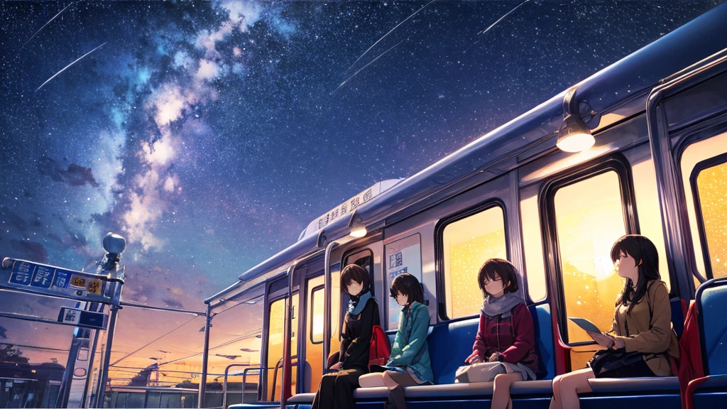 銀河鉄道のnight、on the train、Outside the window is a beautiful starry sky、night