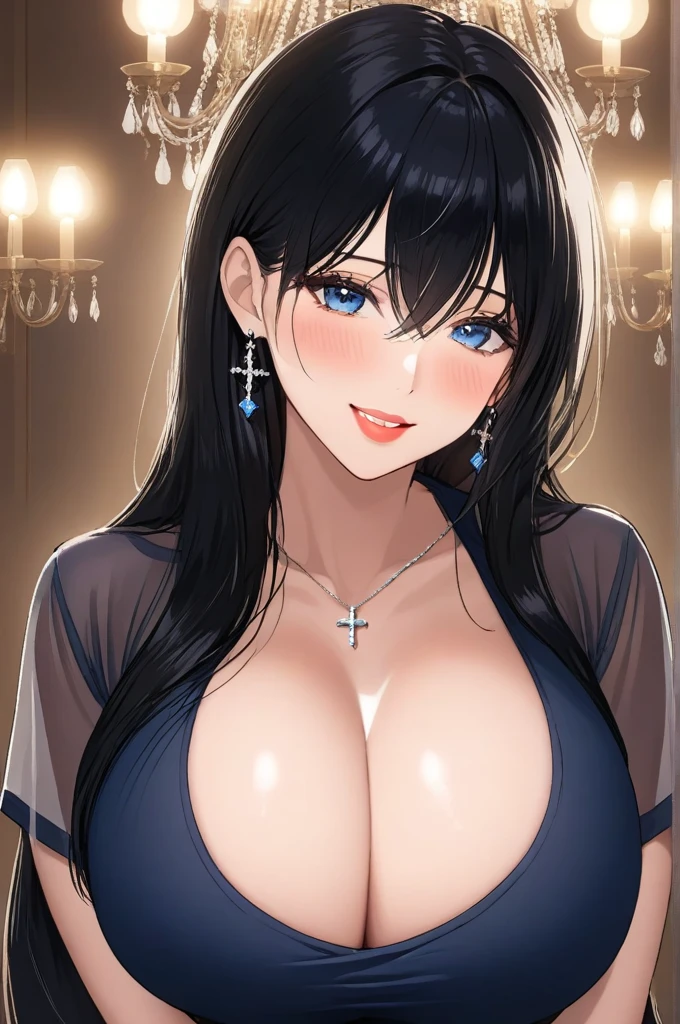 Hot sexy beautiful milf  , chandelier earrings,big breasts,  lipstick,makeup,black hair,long hair,blush,blue eyes, necklace ,cross hair between eyes,blue see through t shirt,black skirt, smiling 