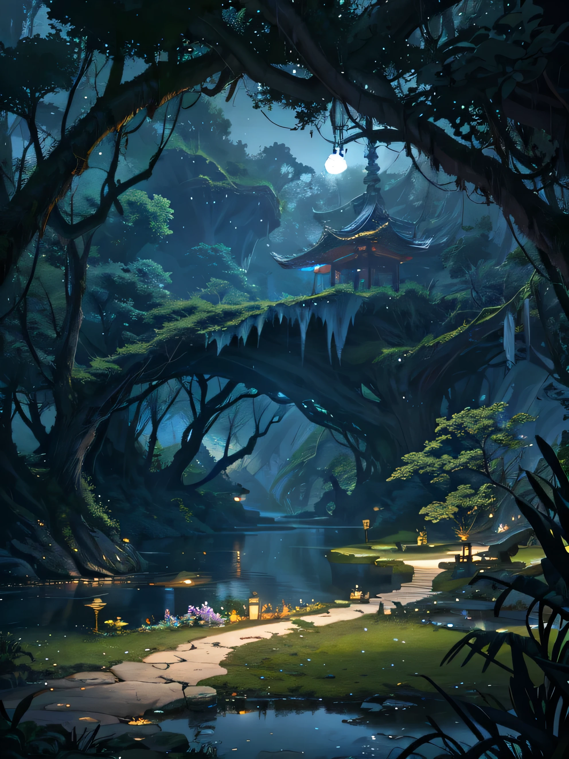 fantasy nature background, fantastic background, dreamy atmosphere, Nighttime, Moonlit night, dark sky, china ancient, spring, jungle, lake, cave, waterfall, tree, grassland, rock, deer, hot spring, vapor, small oriental building, (illustration: 1.0), Narrative composition, realistic lighting, HD detail, masterpiece, best quality, (Highly detailed CG integrated 8k wallpaper)