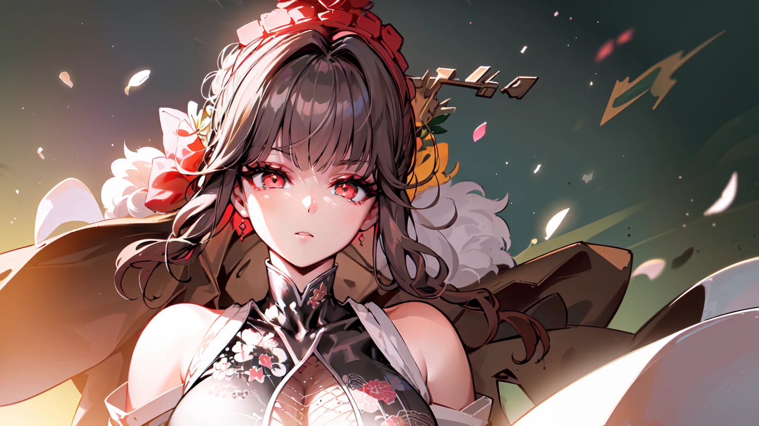 ((((Obra maestra, La mejor calidad, ultrahigh resolution)))), 1girl, standing,), ((long pure brown hair, hair over eye)), long hair cut, shiny skin, ((red eyes)), glowing_eyes, neon eyes, (ultra detailed eyes:0.7, beautiful and detailed face, detailed eyes:0.9), ((centered)), smirk, facing viewer, ((vibrant background, dark lighting, summer, sunlight)), large chested, looking at viewer, ((half closed eyes)), ((perfect hands)), (((head:1, arms, hips in view, elbows, in view))), ((hands behind back)), empty eyes, beautiful lighting, ((outside, outdoors)), defined subject, head tilt, (((gritty)), ((creepy)), ((cool)), ((beautiful)), (((SFW))), hair ornament, petals in the air, moon in the sky, city, mature woman, adult woman, sfw, pink and white dress, night dress, she is a princess, china dress