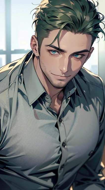 (best quality,4k,8k,highres,masterpiece:1.2),ultra-detailed,(realistic,photorealistic,photo-realistic:1.37),1 man,31 years old,mature man,very handsome,without expression,smile,short green hair,blue eyes,penetrating gaze,perfect face without errors,imposing posture,businessman,office background,cinematic lighting,hdr image