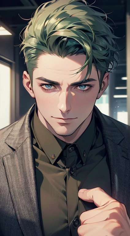 (best quality,4k,8k,highres,masterpiece:1.2),ultra-detailed,(realistic,photorealistic,photo-realistic:1.37),1 man,31 years old,mature man,very handsome,without expression,smile,short green hair,blue eyes,penetrating gaze,perfect face without errors,imposing posture,businessman,office background,cinematic lighting,hdr image