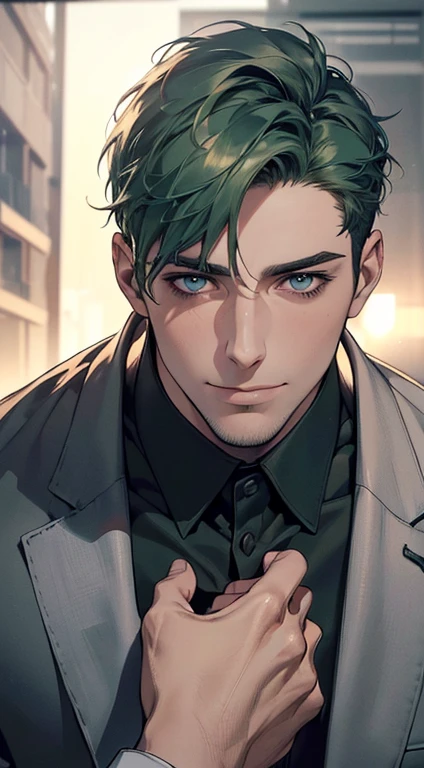 (best quality,4k,8k,highres,masterpiece:1.2),ultra-detailed,(realistic,photorealistic,photo-realistic:1.37),1 man,31 years old,mature man,very handsome,without expression,smile,short green hair,blue eyes,penetrating gaze,perfect face without errors,imposing posture,businessman,office background,cinematic lighting,hdr image