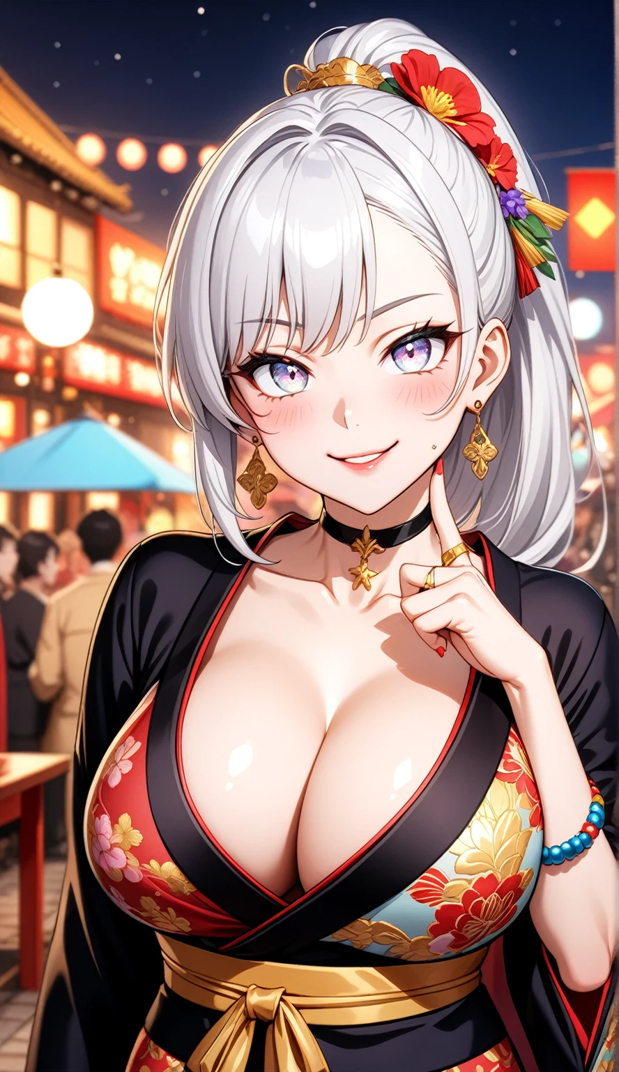 (One personの女性)), Beautiful Face, (Laughing embarrassedly), ((smirk)), ((Wink:2.1)), (finger to mouth:1.5), Laugh with your mouth wide open,((Bright red cheeks:1.4)),Shiny red lips, night,rooftop,Festivals, firework,Glossy red lips,Facial lighting,((Anime style background)),masterpiece, Highest quality, so beautiful,up to date, Complex details, (Pink long nails), (ring),(bracelet),(choker),AI-generated, Complex,High resolution, Highest quality, super high quality,3D Images、3D Images,One person,Long white hair in a high side ponytail,(blue eyes),  ((Fine grain、Silvery white colorful eyes、Shining Eyes:1.4)), (Squint your eyes:1.1), 写真のポーズをとるAnime Women, a hyperRealistic , hyperRealistic , Realistic,Anime Women, Smooth anime CG art, A woman in a colorful kimono with gold embroidery, (Black long sleeve kimono),  Red floral pattern,Long flower hair ornament,Earrings,Mature Body,(Big Breasts:1.1),Tall,Narrow waist,(Zoom in on face:1.6),