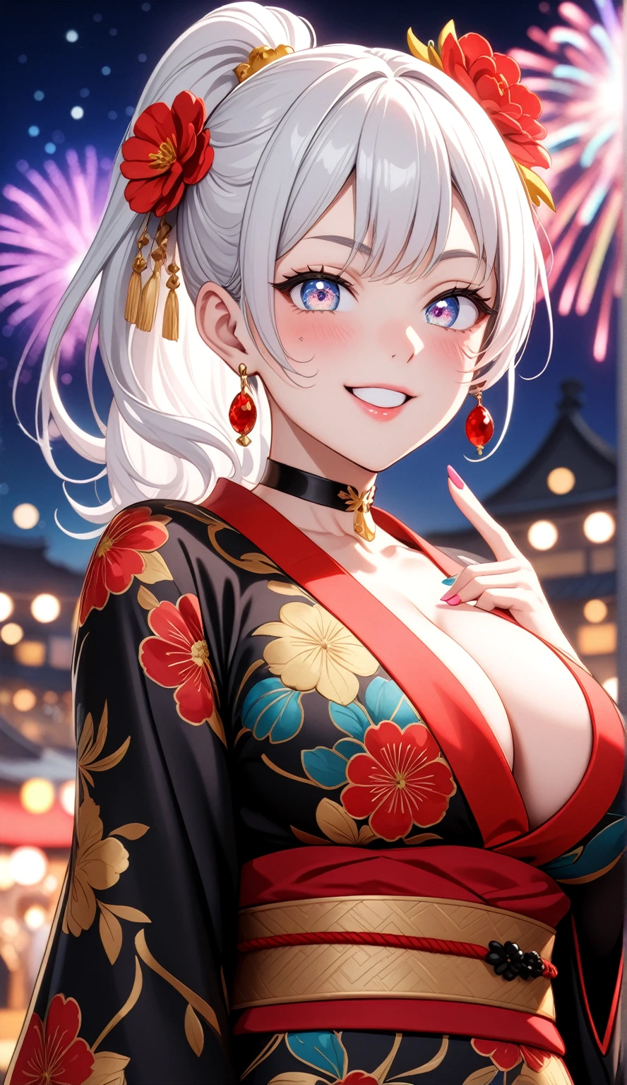 (One personの女性)), Beautiful Face, (Laughing embarrassedly), ((smirk)), ((Wink:2.1)), (finger to mouth:1.5), Laugh with your mouth wide open,((Bright red cheeks:1.4)),Shiny red lips, night,rooftop,Festivals, firework,Glossy red lips,Facial lighting,((Anime style background)),masterpiece, Highest quality, so beautiful,up to date, Complex details, (Pink long nails), (ring),(bracelet),(choker),AI-generated, Complex,High resolution, Highest quality, super high quality,3D Images、3D Images,One person,Long white hair in a high side ponytail,(blue eyes), ((Fine grain、Silvery white colorful eyes、Shining Eyes:1.4)), (Squint your eyes:1.1), 写真のポーズをとるAnime Women, a hyperRealistic , hyperRealistic , Realistic,Anime Women, Smooth anime CG art, A woman in a colorful kimono with gold embroidery, (Black long sleeve kimono), Red floral pattern,Long flower hair ornament,Earrings, Body,(Big BrTall,Narrow waist,(Zoom in on face:1.6),