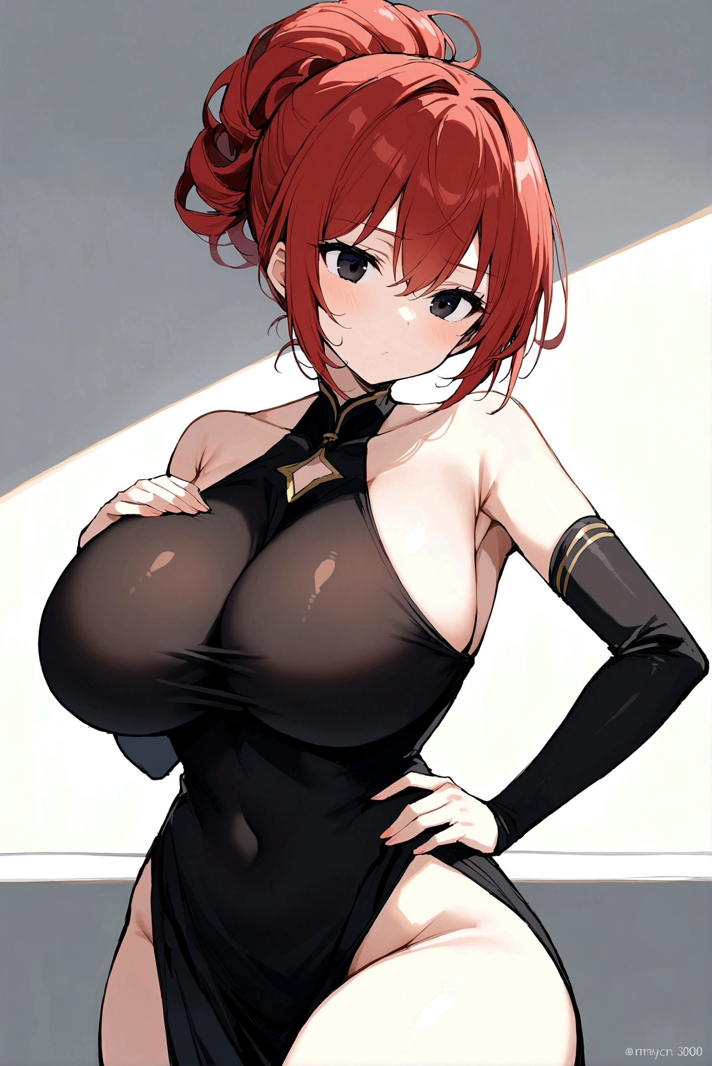 My name is Hikaru, I am a white test woman with long red hair and black eyes. I am 1.60 cm tall and weigh 46 kg. My breast sizes are 300 cm, my waist is 60 cm and my hips are 200 cm. dressed in a tight black dress and with her hair up . With big breasts 300 cm